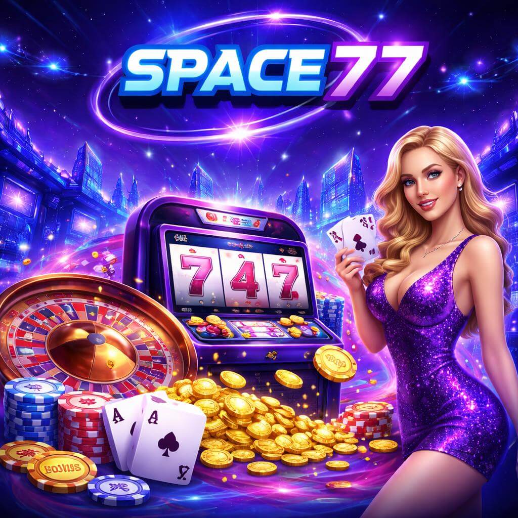 SPACE77 mobile casino interface with live games and slots
